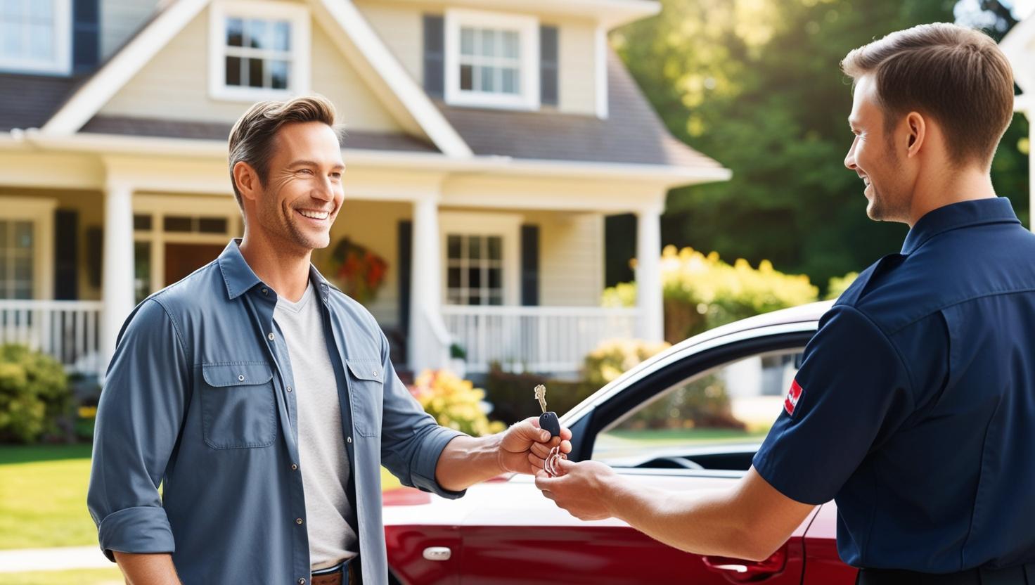 Client souriant qui tend la clé de sa voiture au carrossier